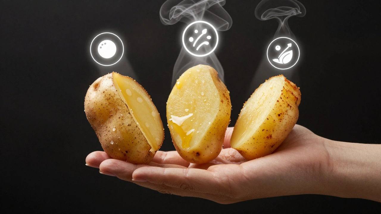 Одна картофелина, разделённая на три формы приготовления: сырая, жареная и запечённая, с визуализацией питательных веществ.