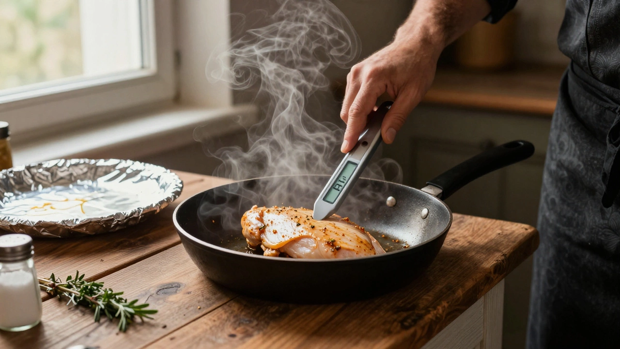Повар снимает курицу с сковороды, в мясе термометр показывает 63°C.