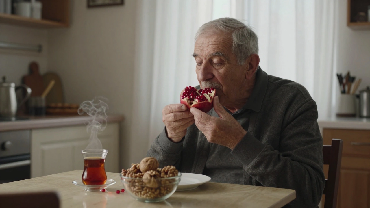 Пожилой мужчина ест гранат за кухонным столом, рядом — грецкие орехи и чашка чая