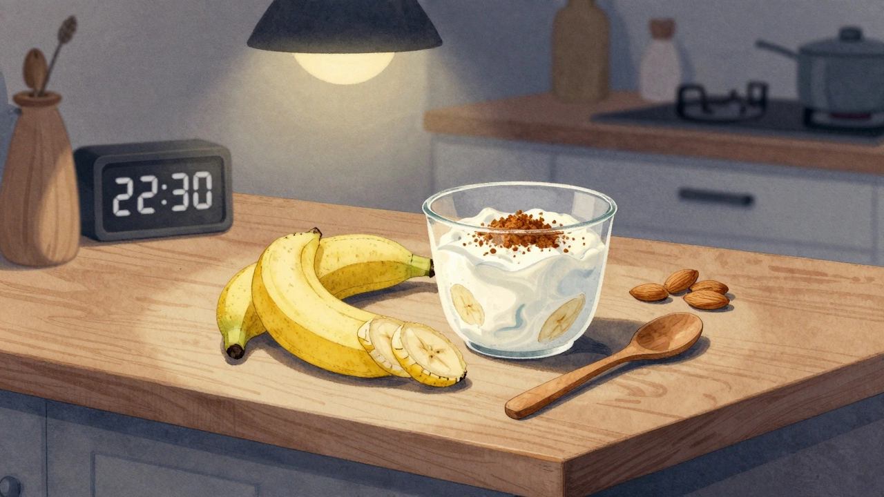 Приготовление легкого ужина на ночь: кефир с бананом и миндалем на кухонной стойке.