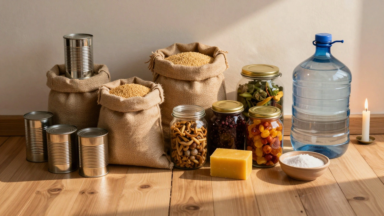 Разложенные продукты для долгосрочного хранения: зерна, консервы, соль и вода.