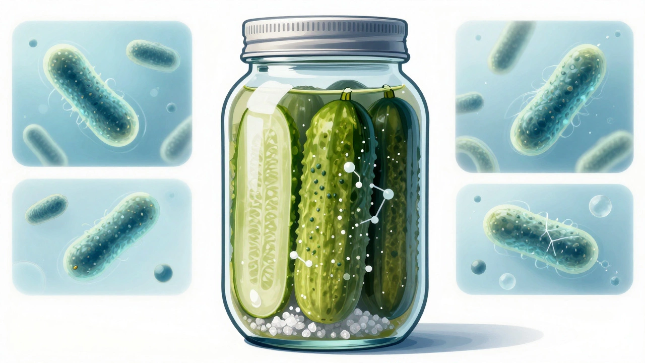 Разрез банки с маринованными огурцами, показывающий проникновение уксуса и вытягивание влаги