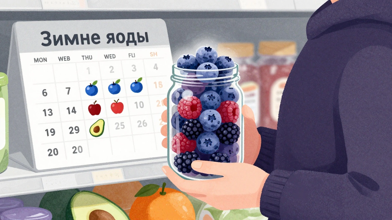 Рука держит банку с замороженными ягодами, рядом — календарь с пометками дней для разных фруктов.
