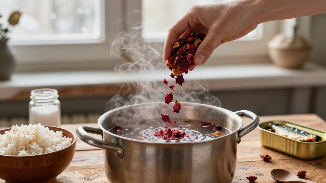 Руки добавляют порошок шиповника в суп, рядом — рис и консервы.