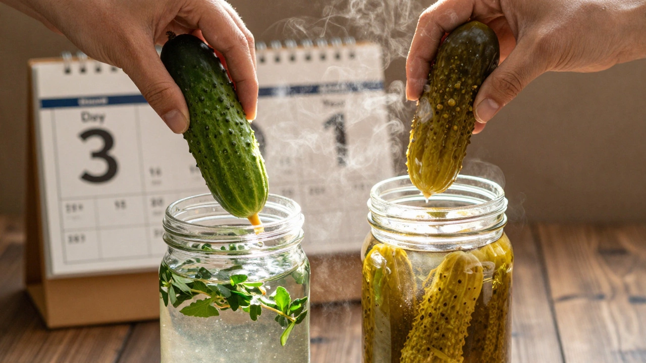 Руки кладут свежий огурец в рассол — рядом лежит уже заквашенный, с лёгким туманом брожения вокруг.