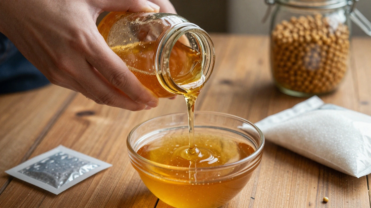 Руки наливают мед из стеклянной банки на деревянный стол с сухими бобами и сахаром.