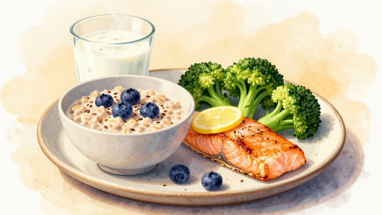 Сбалансированный завтрак: овсянка с ягодами, льняными семенами, лосось и кефир на керамической тарелке.
