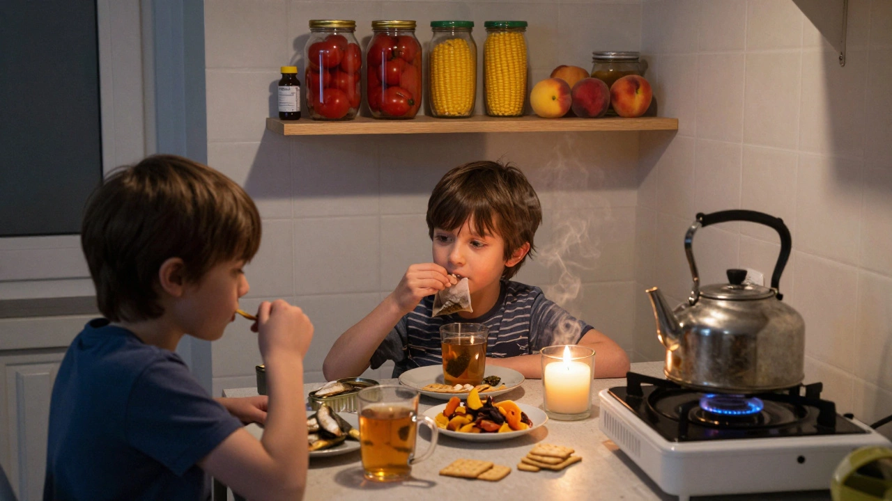Семья ест простую еду из консервов и сухофруктов при свечном свете, используя портативную газовую плиту.