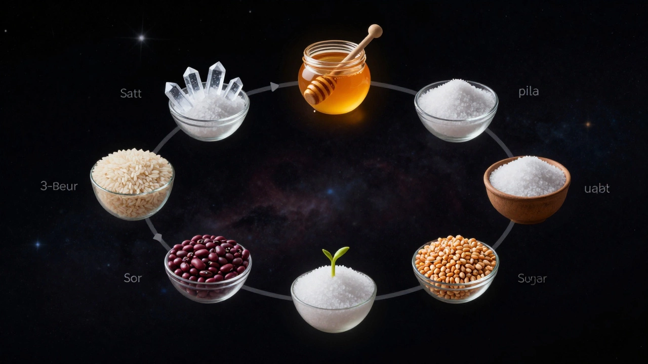 Шесть продуктов для долгосрочного хранения в виде символических элементов на темном фоне.