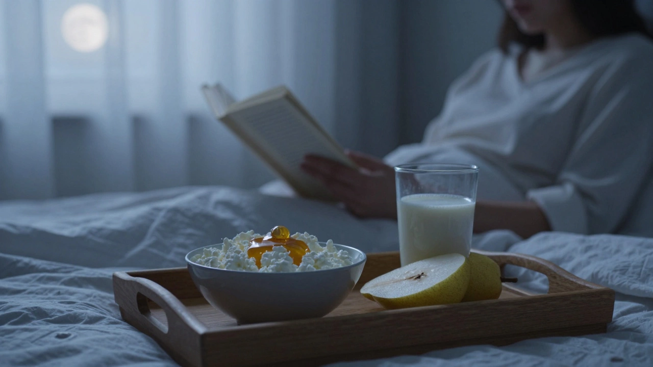 Спокойная ночная тарелка с творогом, грушей и тёплым молоком на деревянном подносе.
