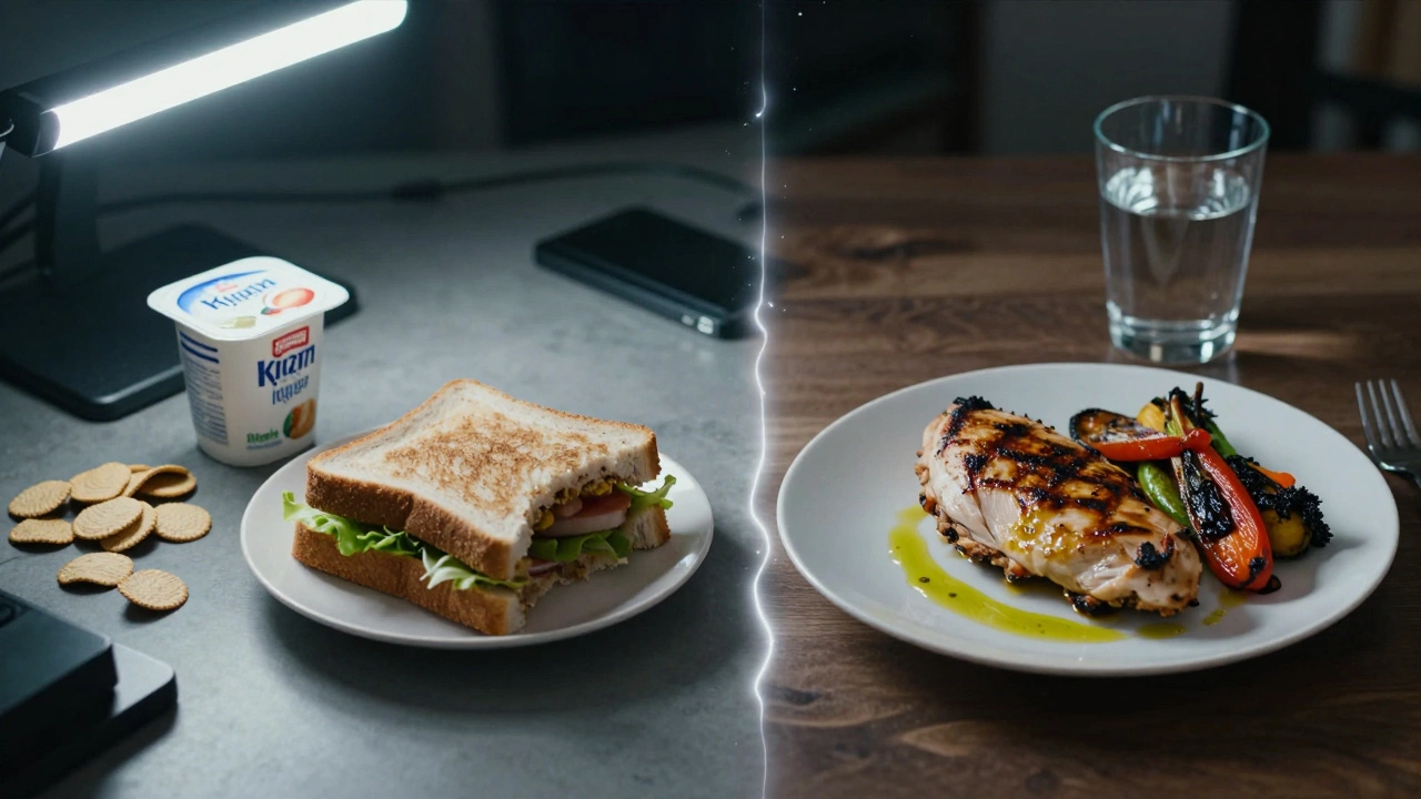 Сравнение: мусорная тарелка с чипсами слева и простая тарелка с курицей и овощами справа — символ перехода к осознанному питанию.