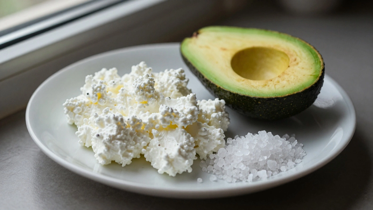Свежий творог, авокадо и кристаллы соли на белой тарелке без других ингредиентов.