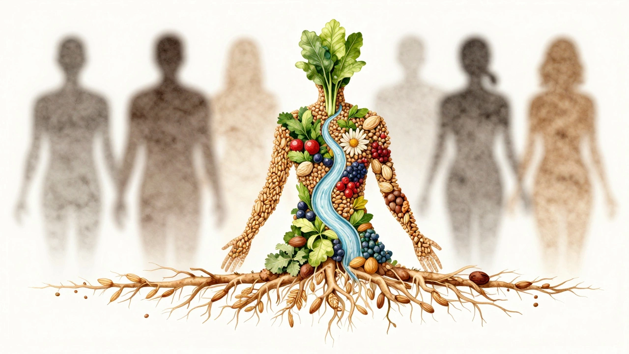Тело как сад, питаемый цельными продуктами и водой, в то время как вредная еда тускнеет на заднем плане.