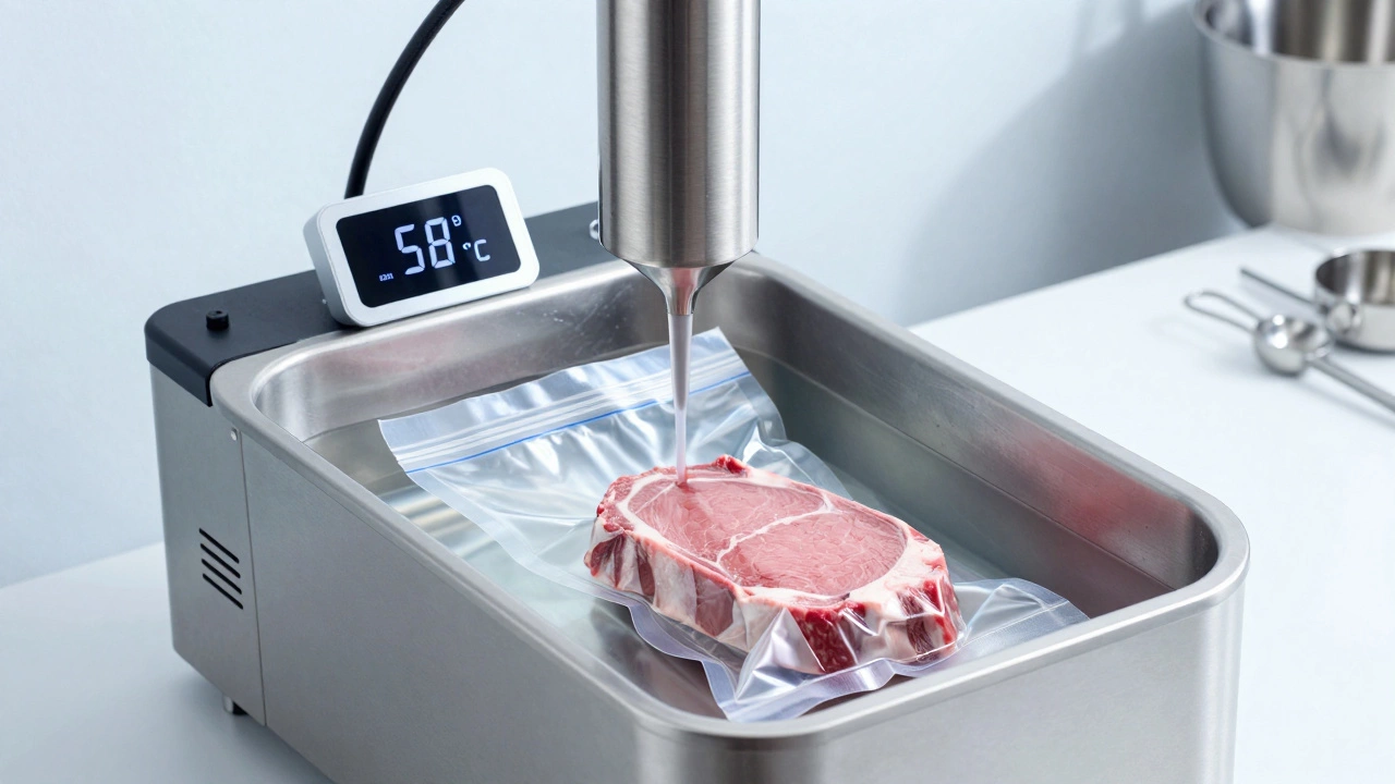 Вакуумная готовка: пакеты в водяной бане с термостатом, готовящие стейк при 58°C.
