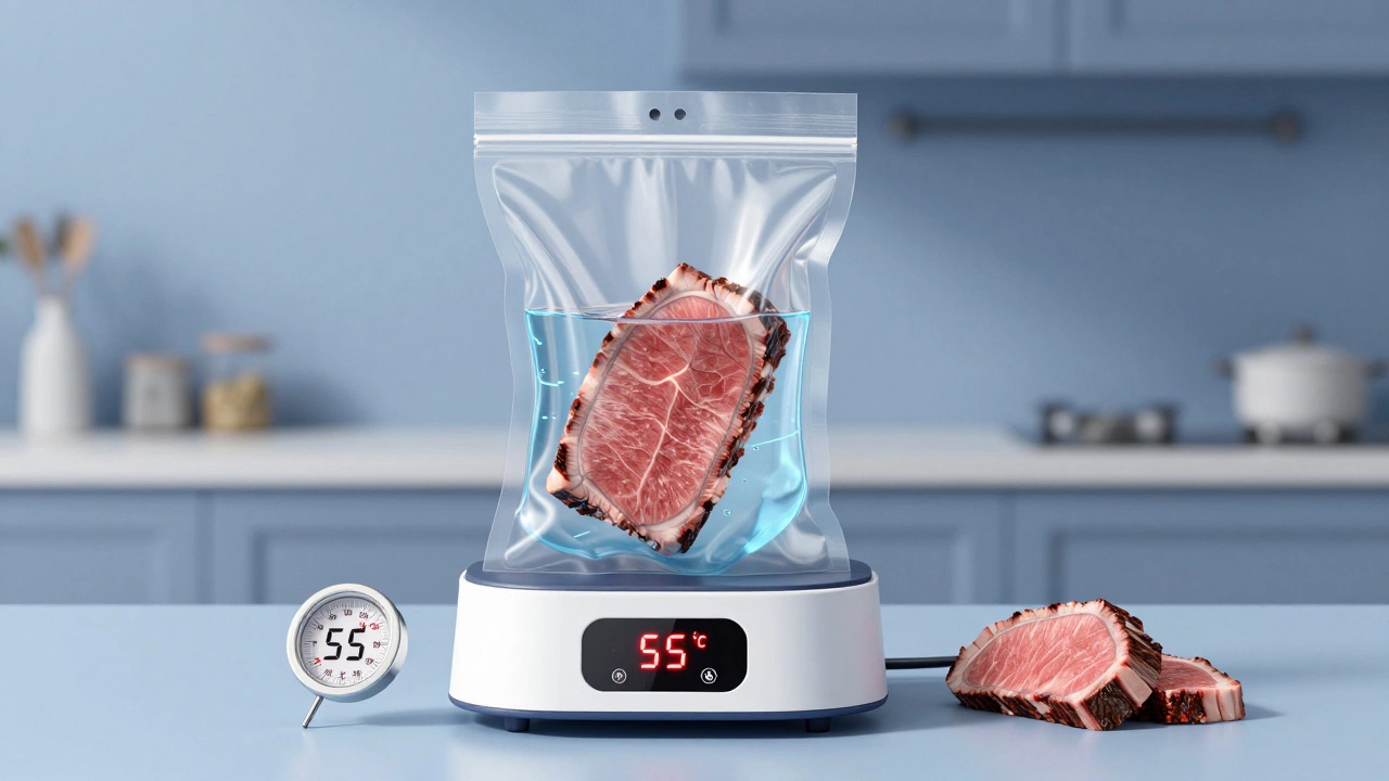 Вакуумный пакет с мясом в воде с термометром, показывающим 55°C, в современной кухне.