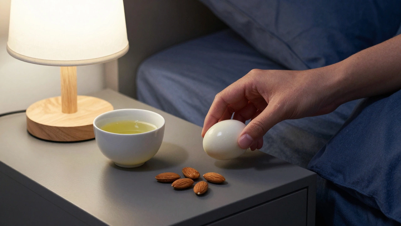 Варёное яйцо и пять миндальных орехов рядом с чашкой зелёного чая на тумбочке.