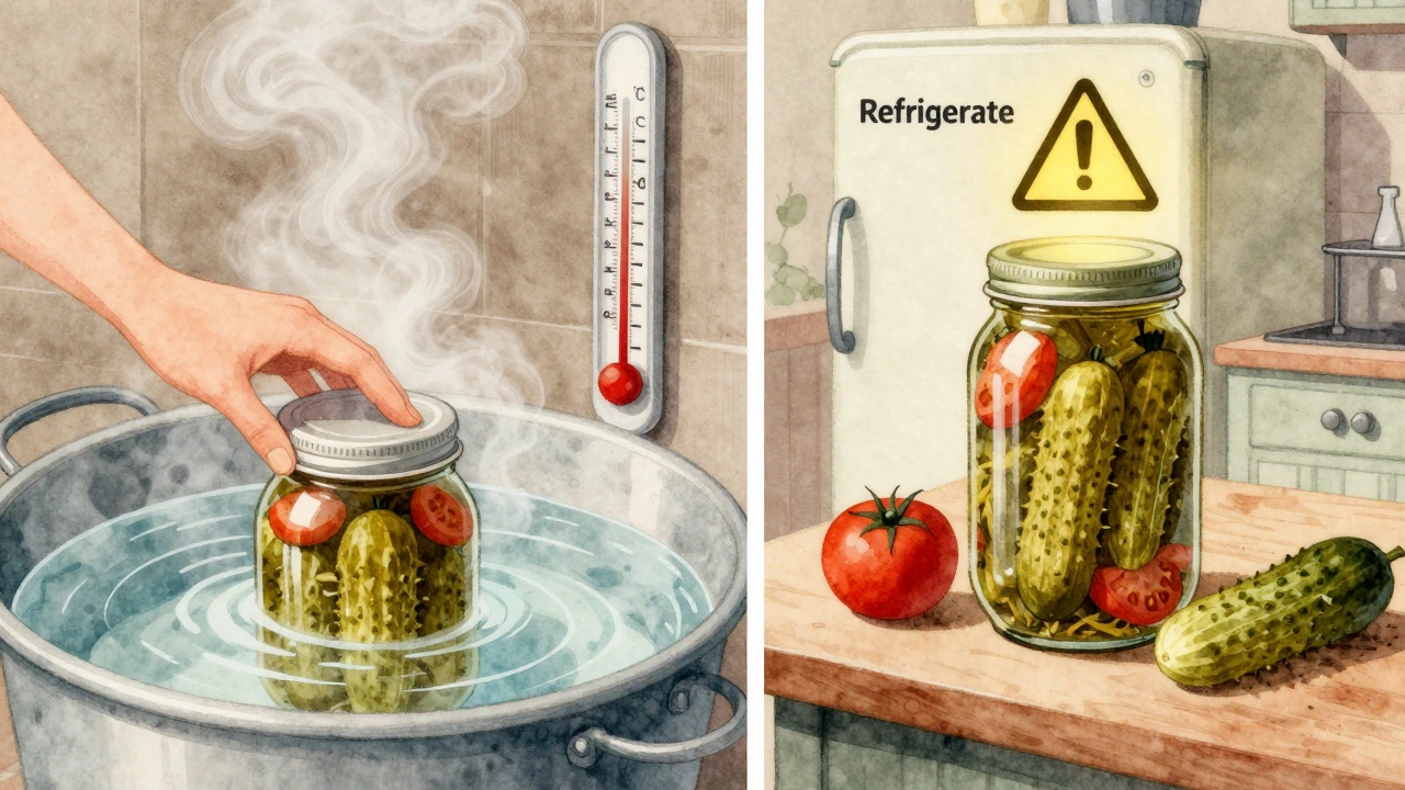 Водяная баня с банками и кипящей водой слева, справа — банка с маринованными огурцами в холодильнике.