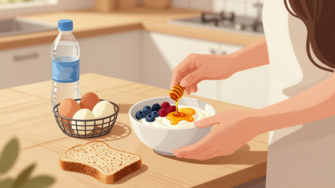 Здоровый завтрак: натуральный йогурт с ягодами, вареные яйца и цельнозерновой хлеб.