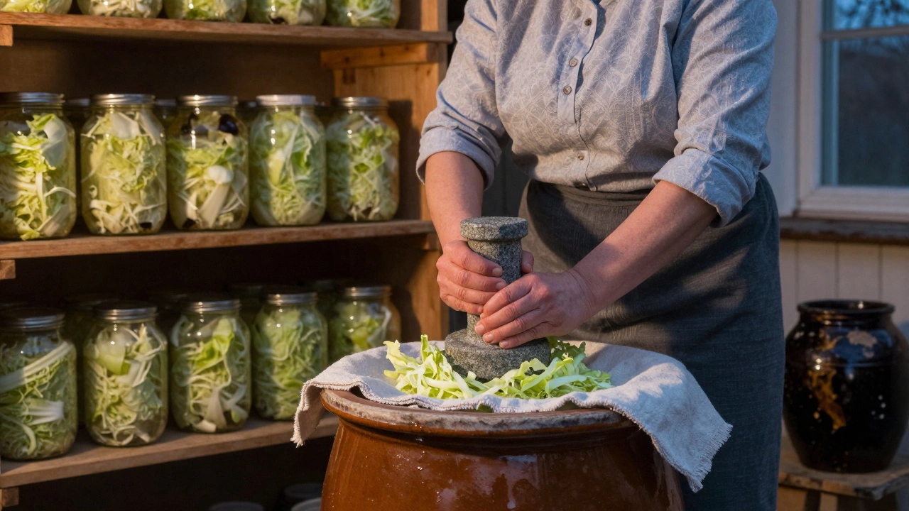 Женщина в русской кухне у керамического кадка с капустой, накрытой тканью, рядом чистые банки.