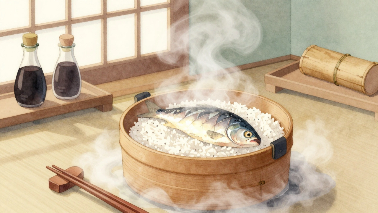 Японская паровая корзинка выпускает пар над рисом и рыбой, тихая утренняя атмосфера.