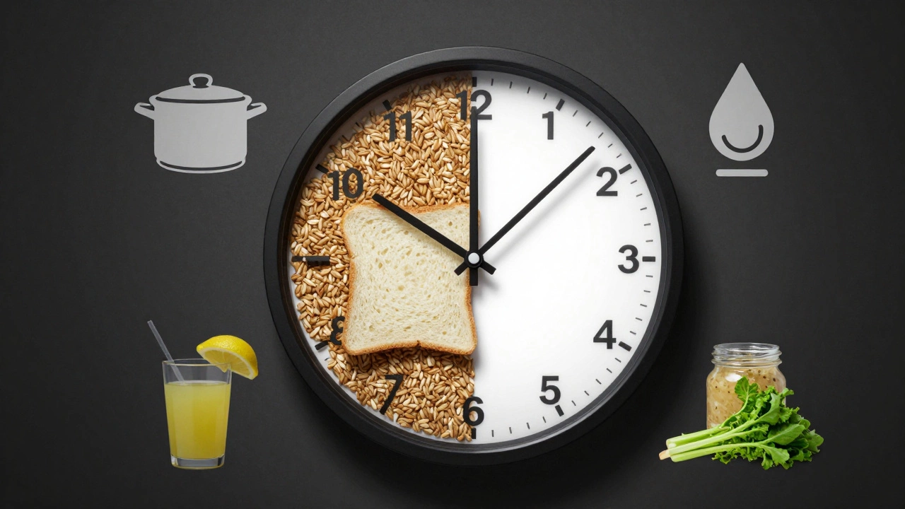 Часы, стрелки которых сделаны из белого и цельнозернового хлеба, с символами питательности вокруг.