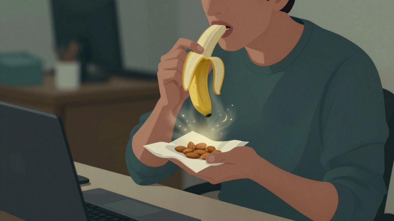 Человек ест банан и миндаль на работе, ощущая прилив энергии