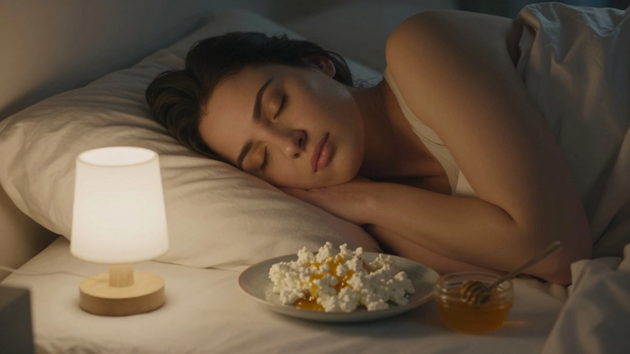 Человек спит в постели, рядом — творог с медом, тихий свет ночника.