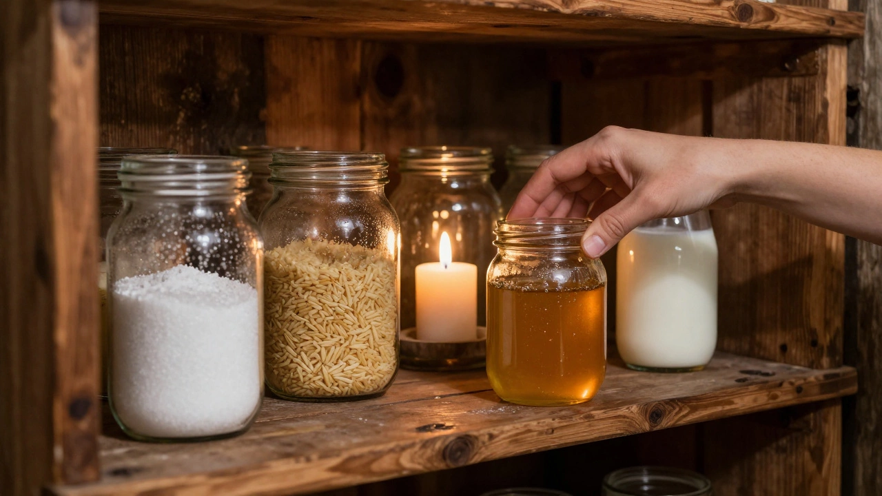 Деревянная кладовка в подвале с банками соли, сахара и риса, сохранёнными в идеальных условиях.