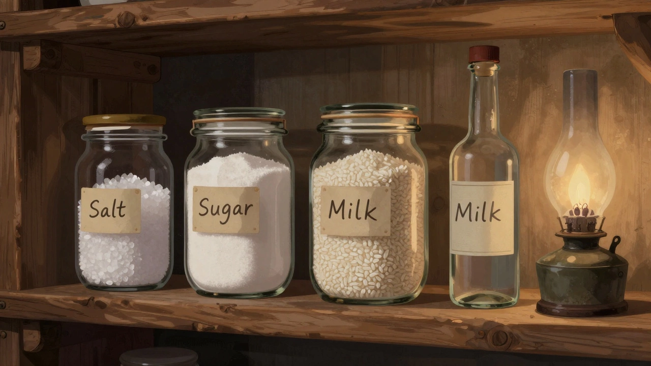 Деревянная полка с герметичными банками с солью, сахаром, рисом и сухим молоком в тёмном погребе.