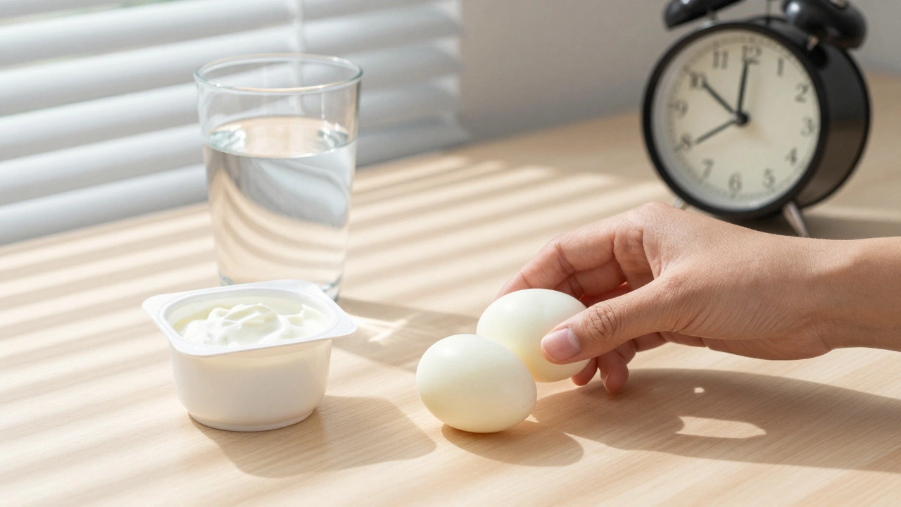 Два варёных яйца и контейнер с кефиром на рабочем столе в полдень.