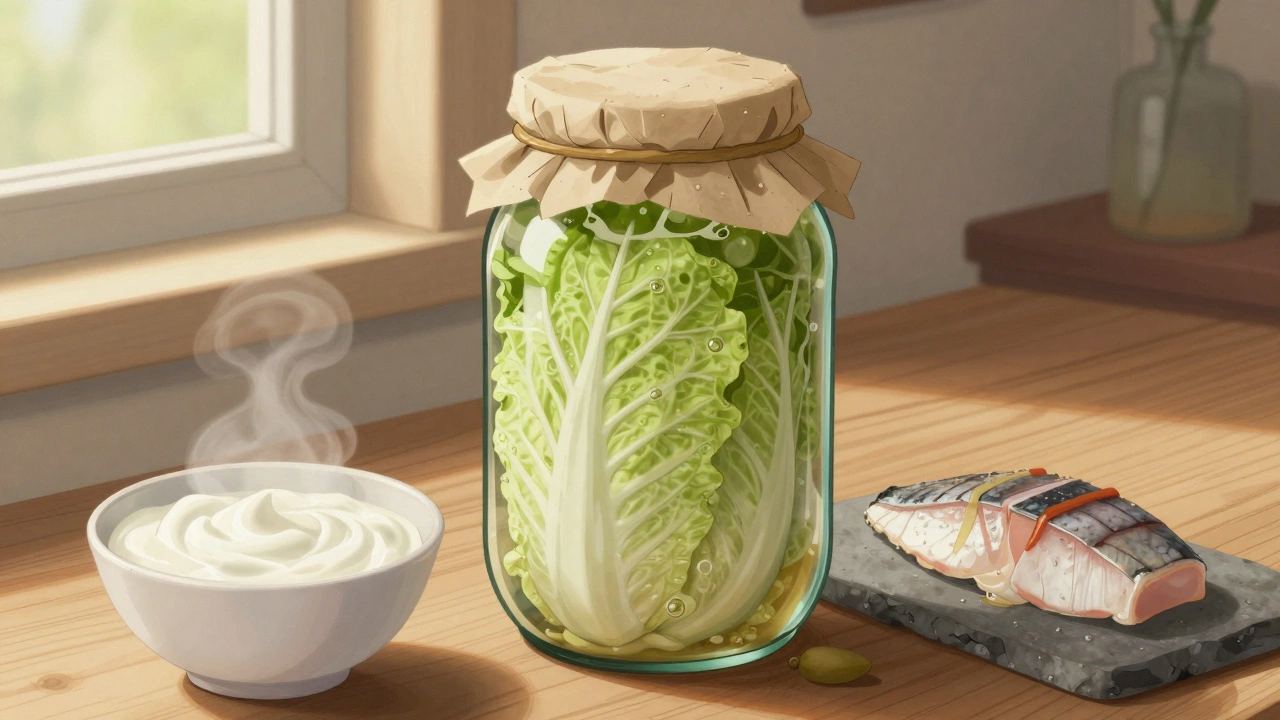 Ферментирующаяся капуста в банке с солнечным светом на деревянной стойке.