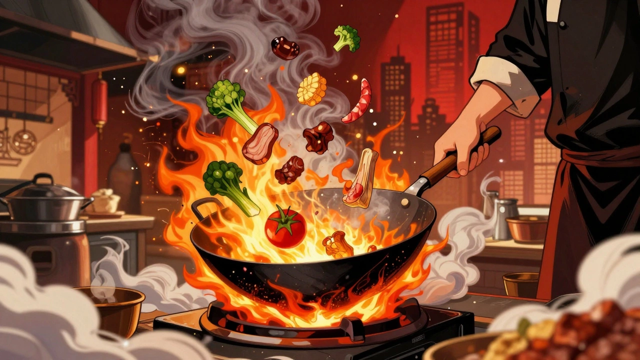Китайская сковорода-вок с огненным пламенем, повар перемешивает ингредиенты в динамичном движении.