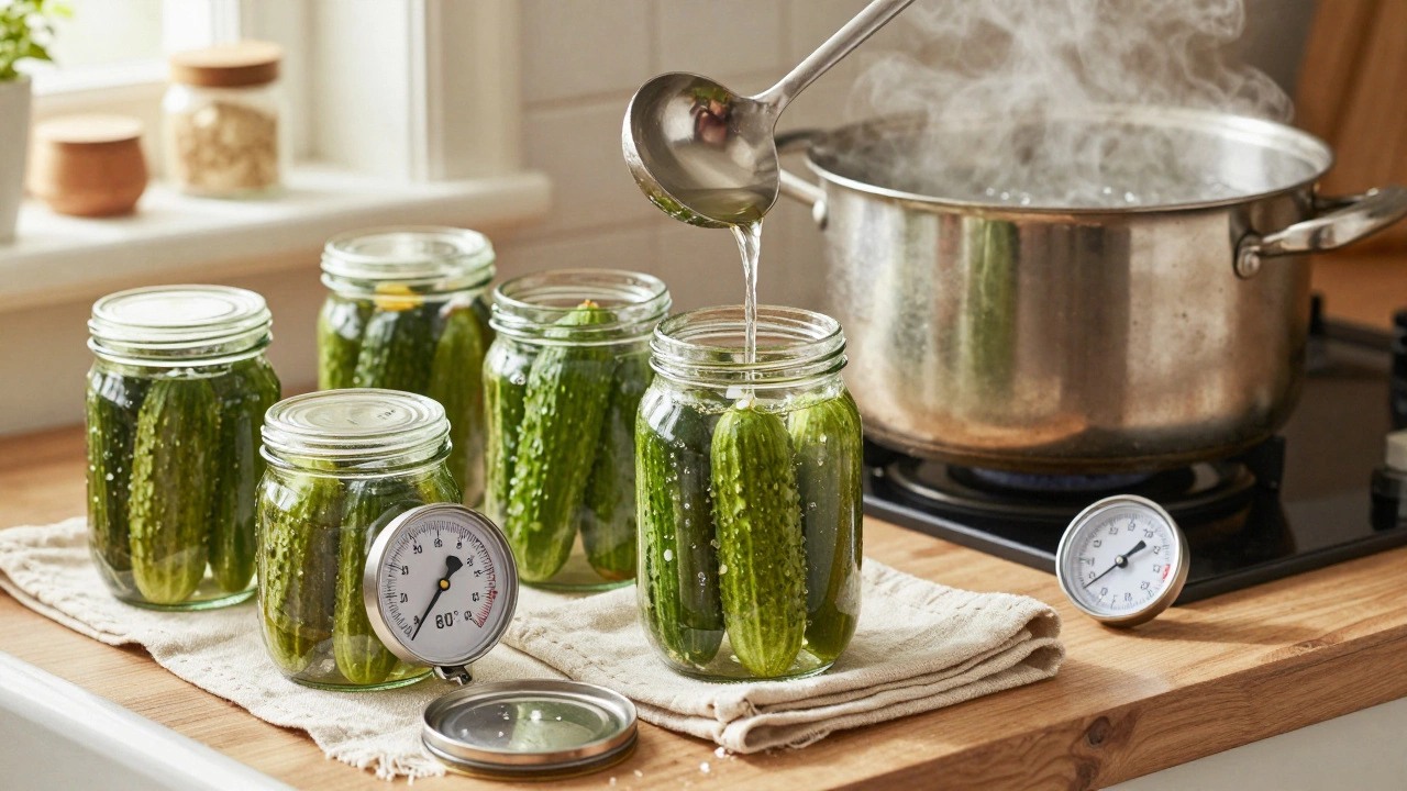 Кухня: стерилизованные банки сушатся, горячий маринад заливается в огурцы, пар поднимается от кипящей воды.