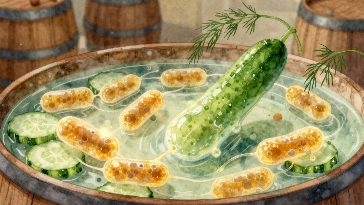 Микроскопический вид бактерий в рассоле, превращающих огурцы, с золотистыми клетками и зелёными листьями на фоне.