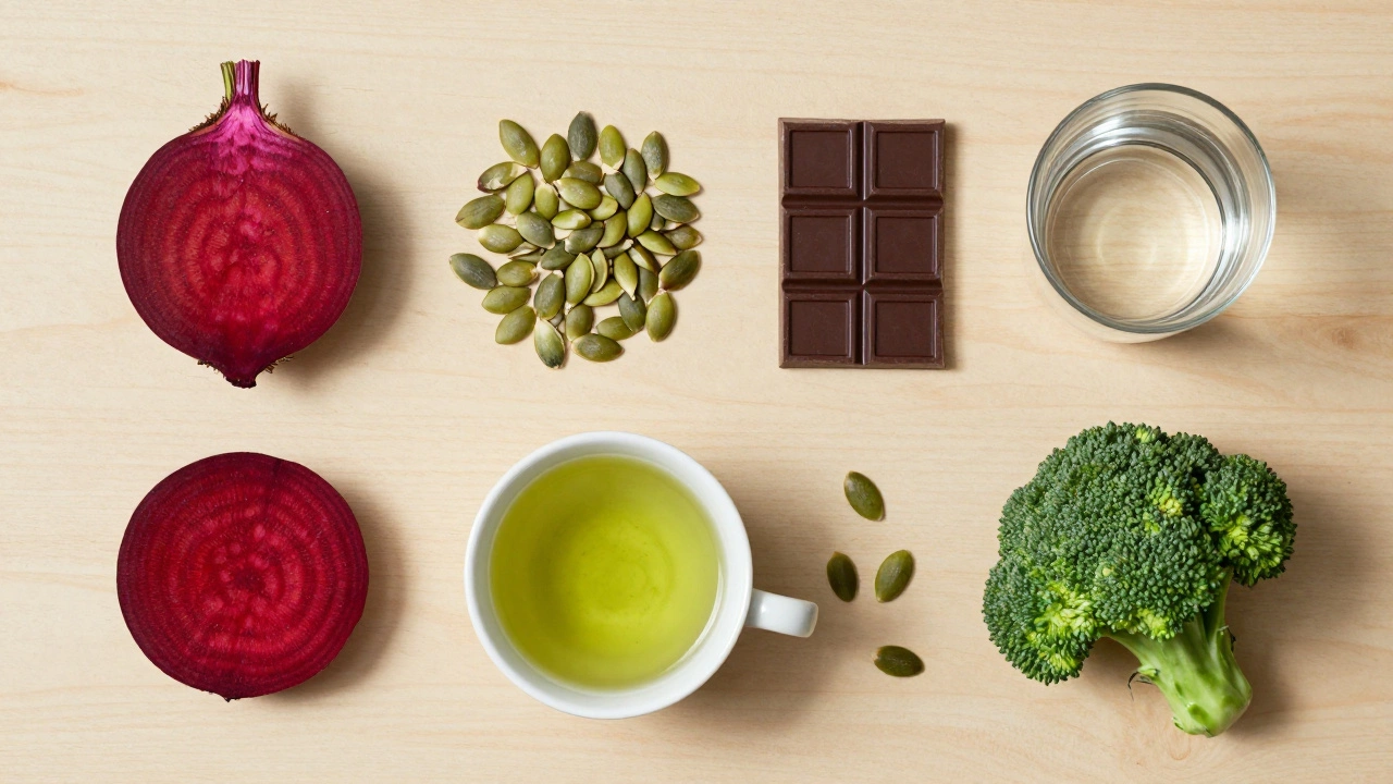 На деревянной поверхности расположены полезные продукты: свёкла, тыквенные семечки, тёмный шоколад.