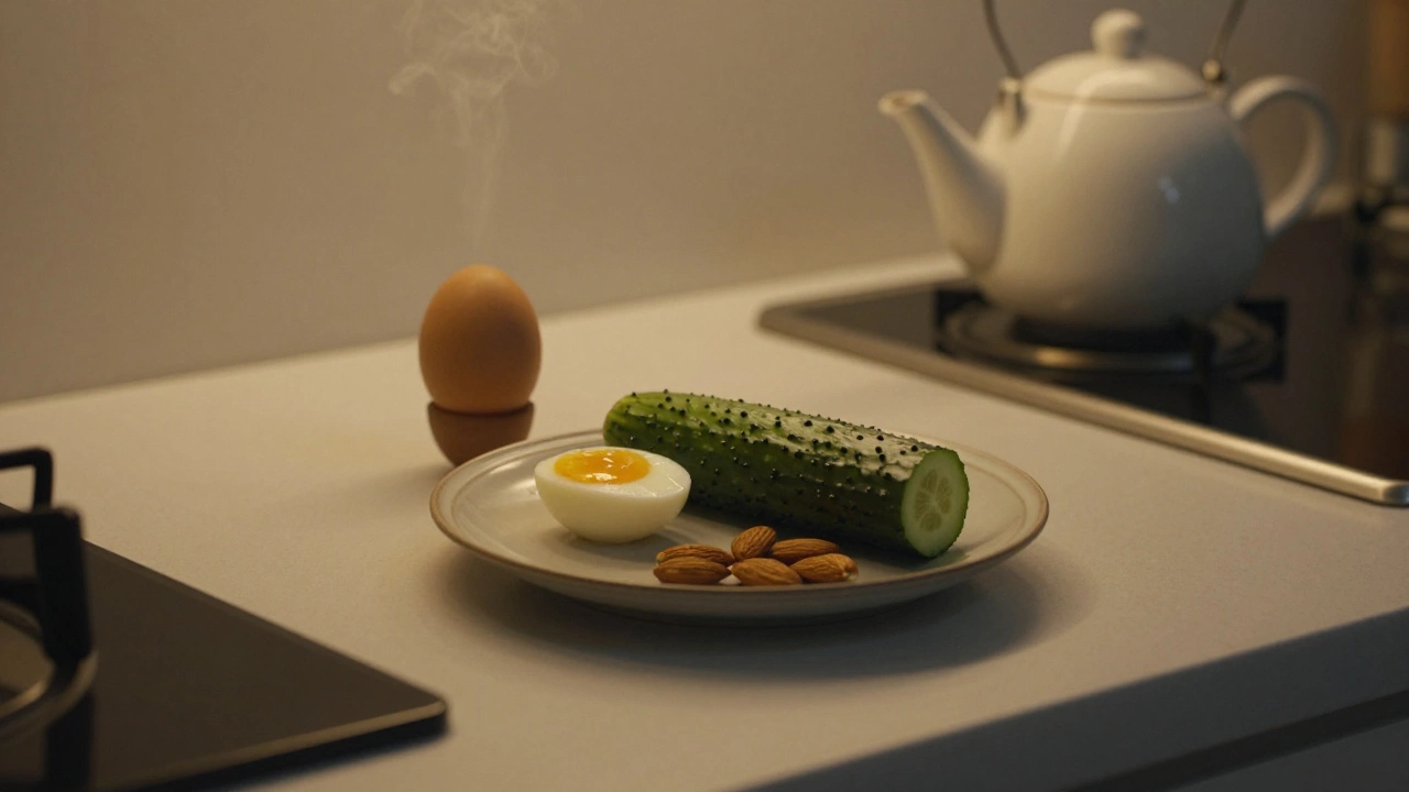 На тарелке — вареное яйцо, огурец и горсть миндаля, ночная подсветка.