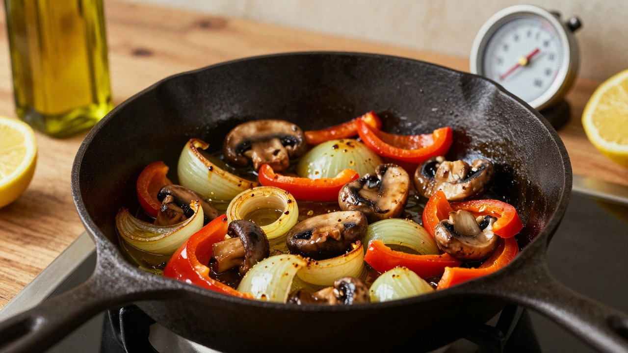 Овощи слегка обжариваются на сковороде с оливковым маслом при умеренной температуре.
