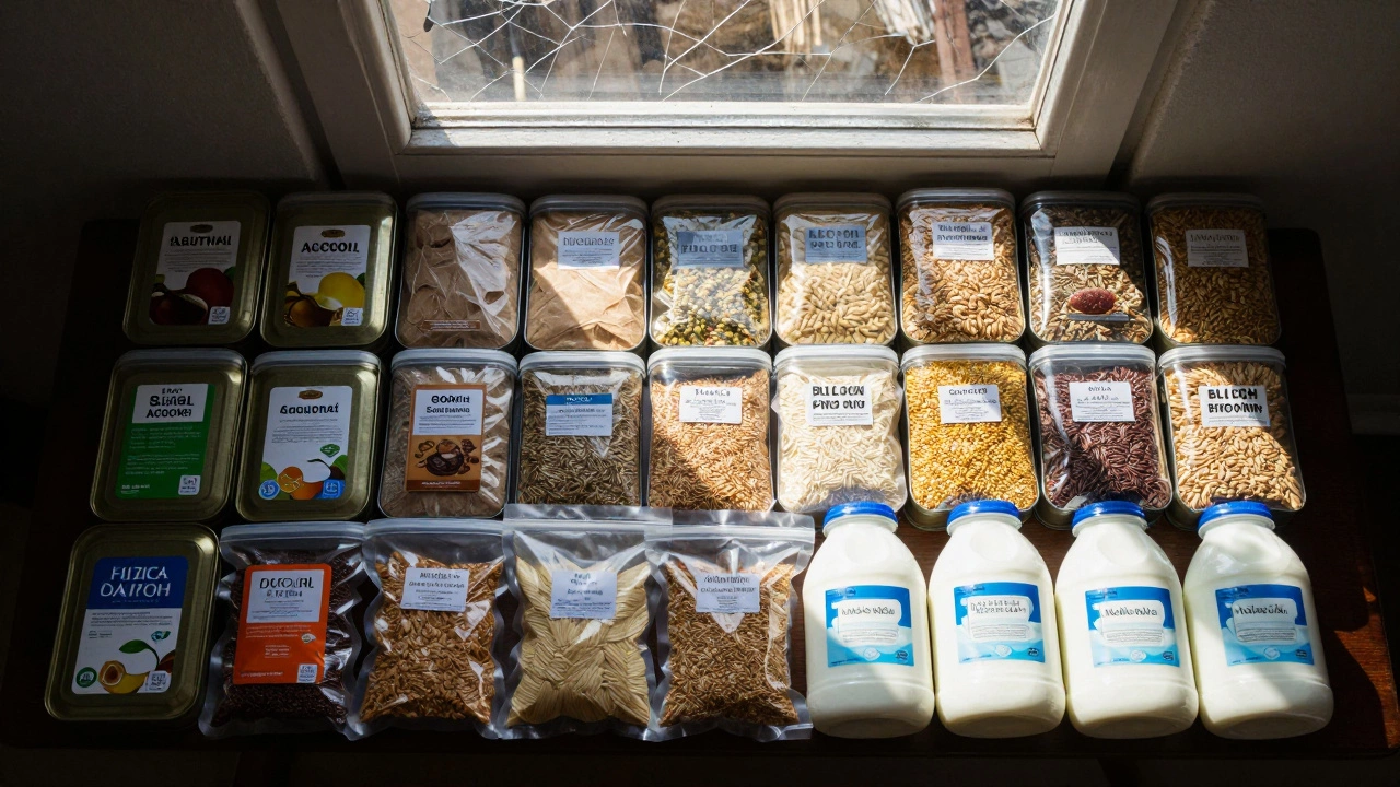 Панель с долгосрочными запасами еды: алкоголь, зерна и сухое молоко в герметичной упаковке.