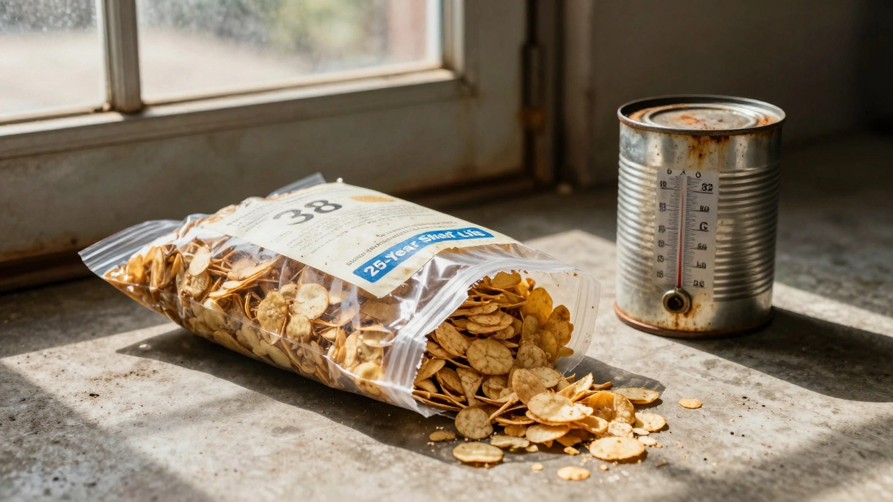 Пластиковый пакет с сушёной картошкой на жарком полу гаража рядом с ржавой банкой и термометром.