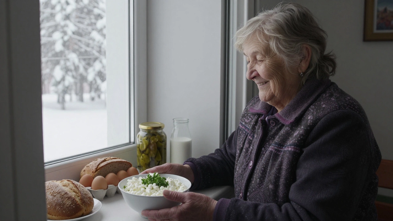 Пожилая женщина ставит творог с зеленью на подоконник, за окном — зимний пейзаж.