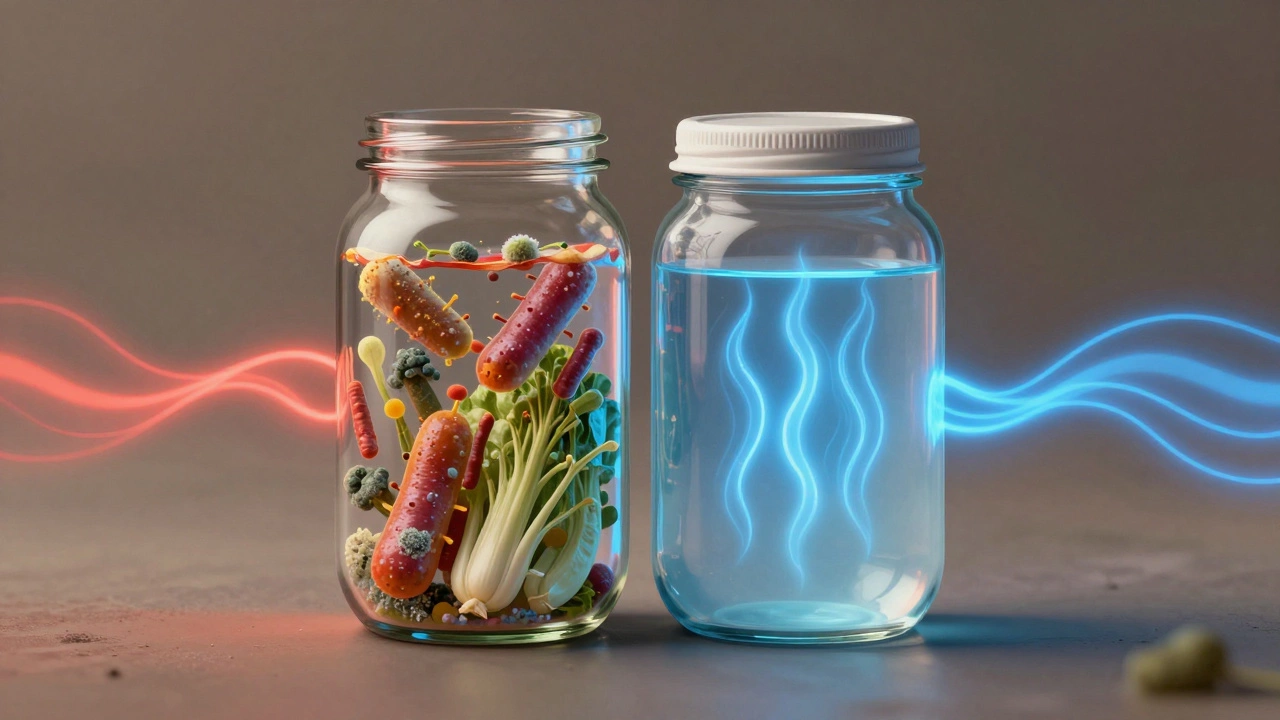 Разрезанная банка: одна сторона — бактерии и плесень, другая — стерильность после кипячения, символизирующая безопасную консервацию.