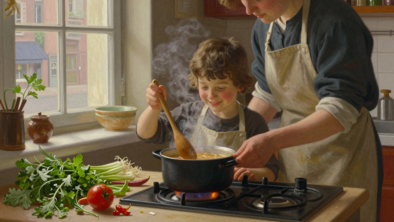 Ребёнок и взрослый готовят суп вместе, улыбаются, вдыхая аромат.