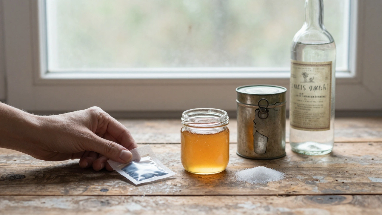 Рука кладёт пакетик силикагеля рядом с банкой мёда и щепоткой соли на деревянном столе.