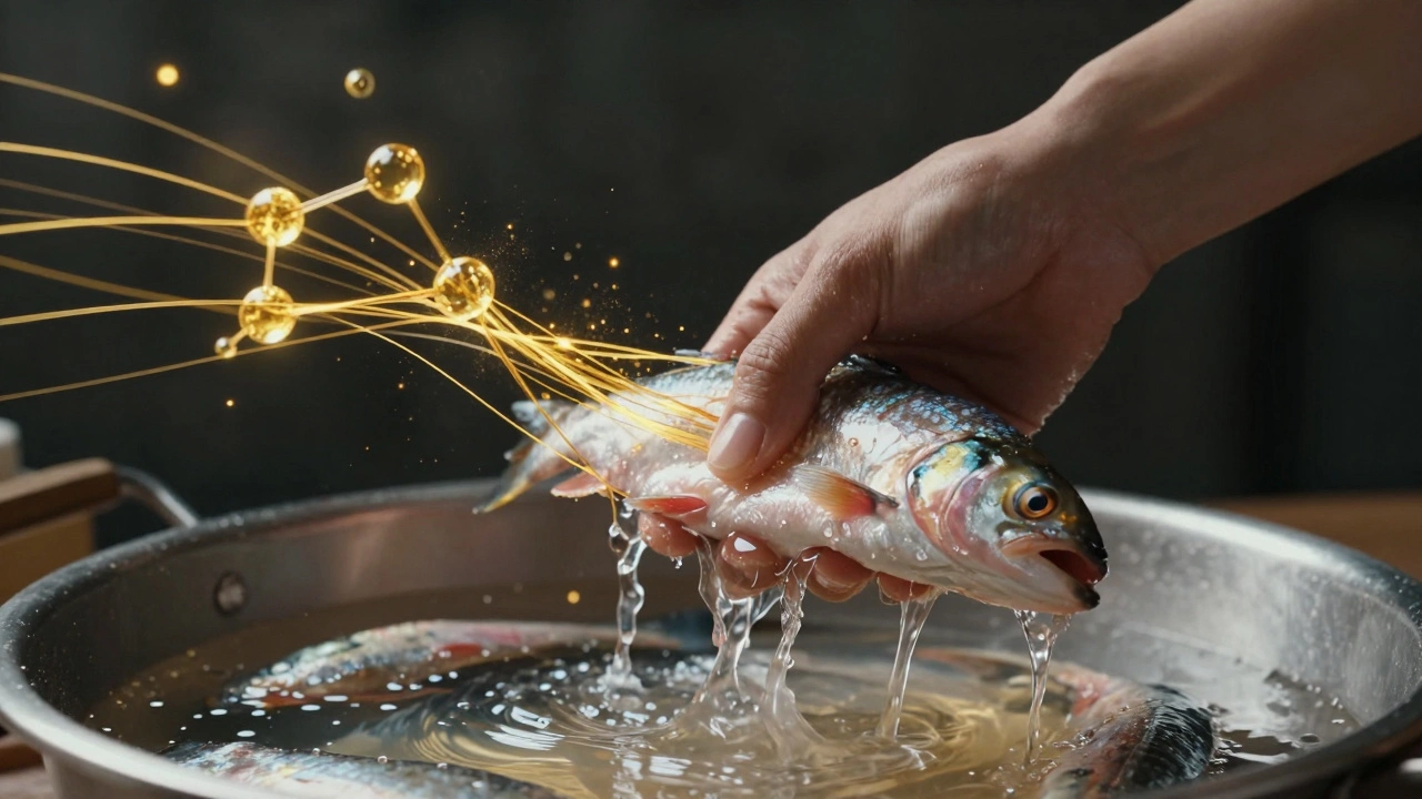 Рука кладёт рыбу в рассол, вокруг — абстрактные молекулярные потоки.