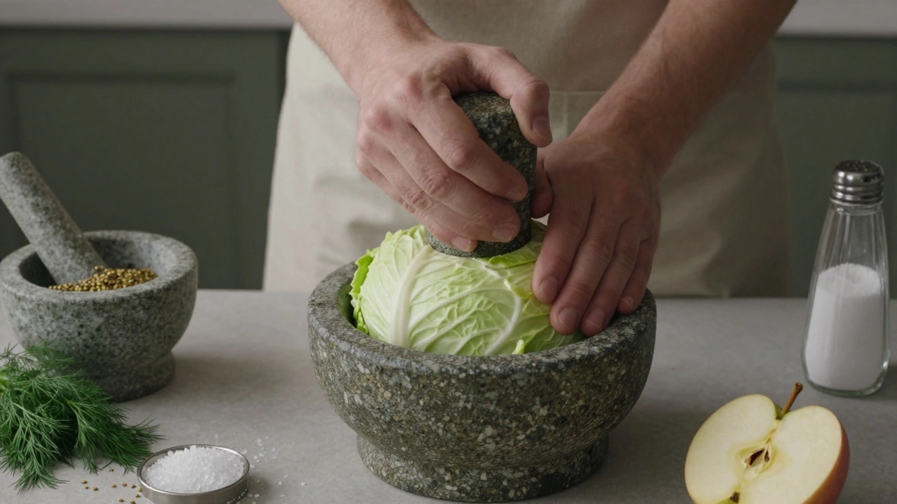 Руки давят камнем на капусту в кадке, рядом — яблоко, укроп и соль