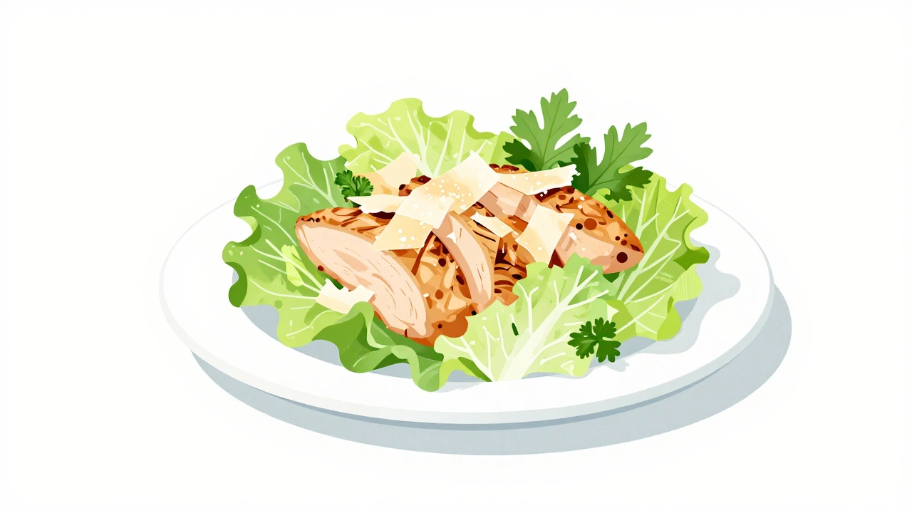 Салат «Цезарь» с зеленью, готов к подаче.