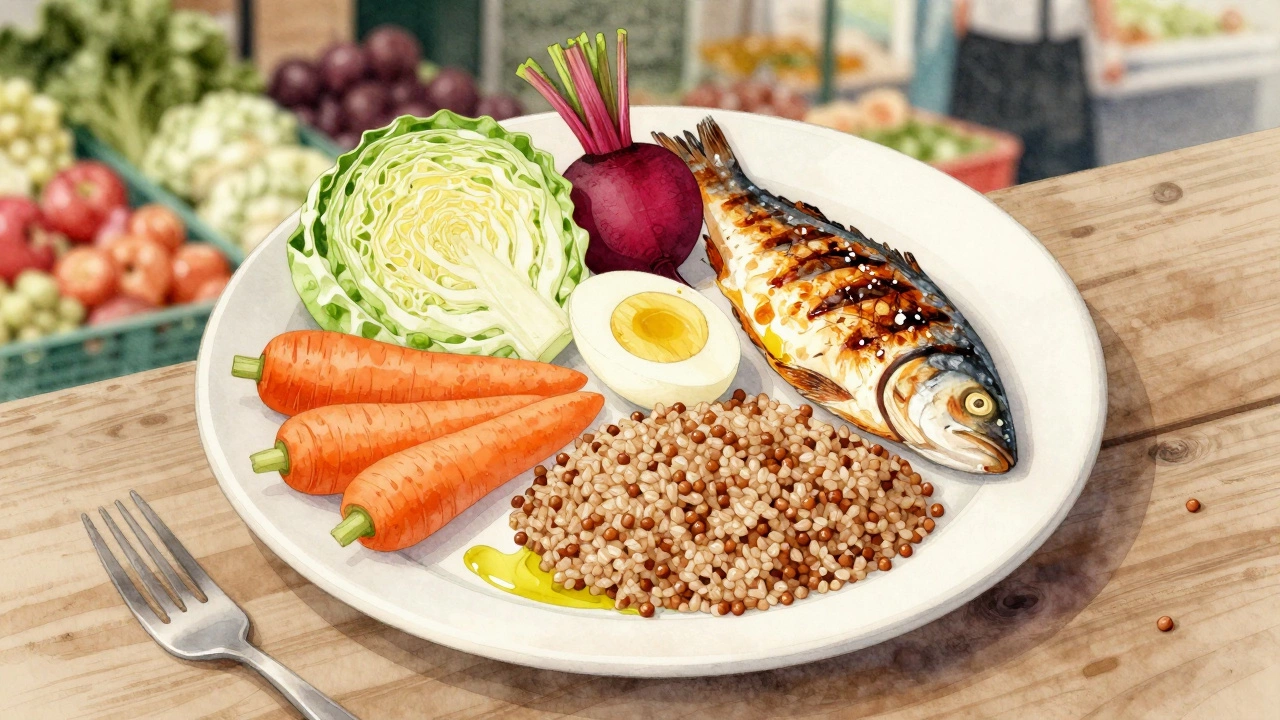 Сбалансированный обед: овощи, рыба, гречка и оливковое масло на тарелке.