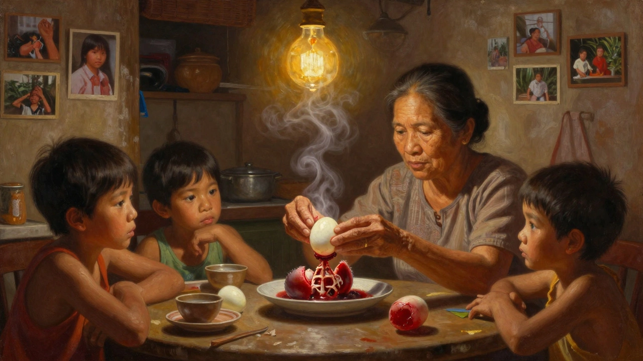 Семья в Филиппинах делит балот — варёное яйцо с зародышем цыплёнка внутри.