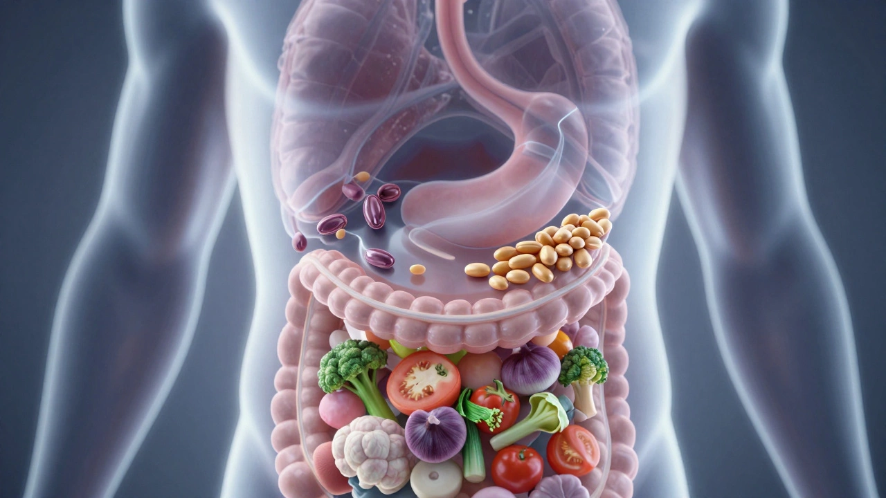 Схема пищеварения, показывающая, как овощи и белок замедляют усвоение углеводов.