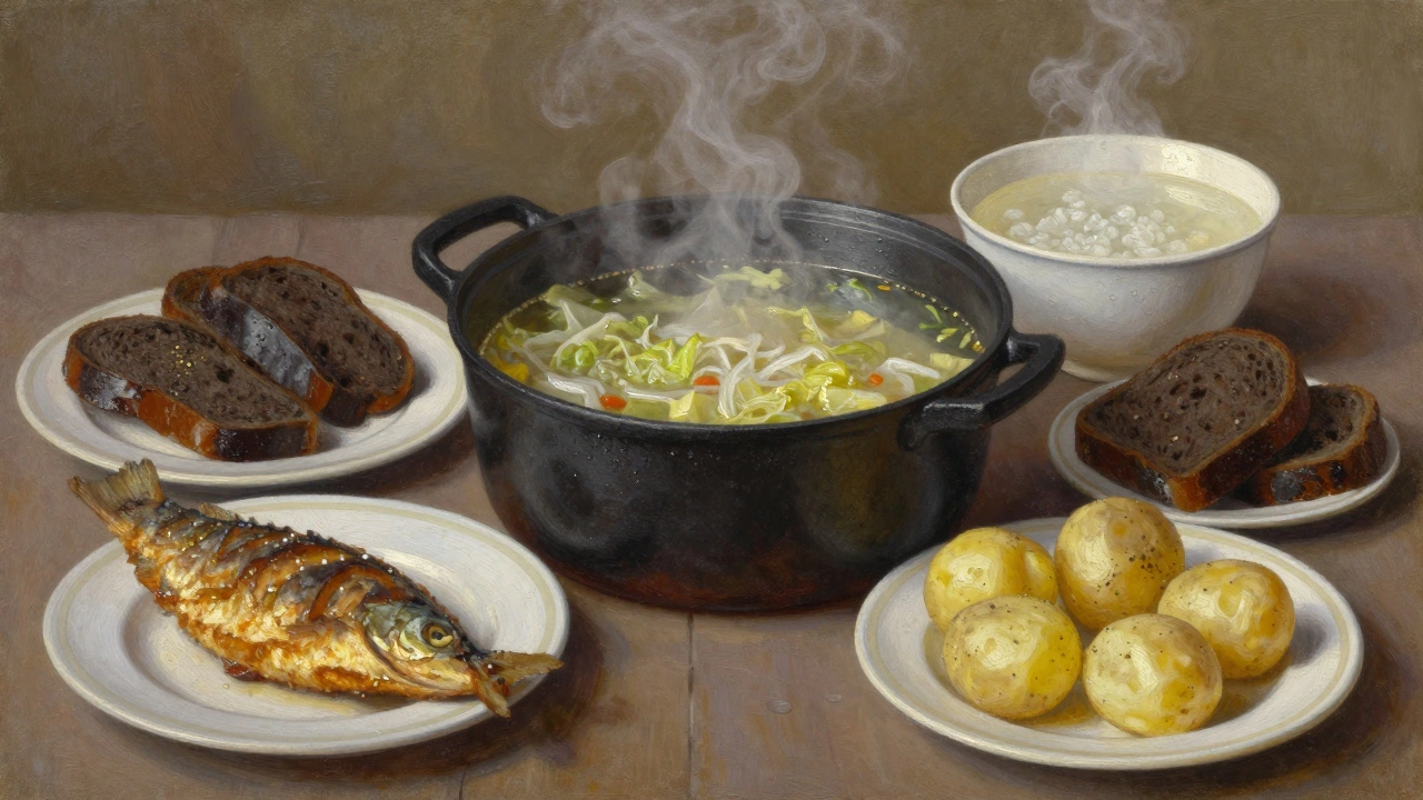 Символическая композиция русского главного блюда: щи, рыба, картошка и чёрный хлеб.